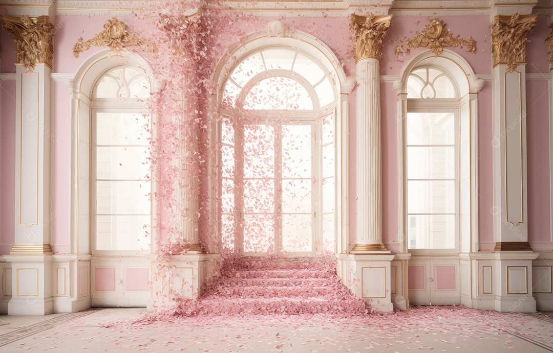 Hall branco estilo clássico moderno rosa e fundo de porta em arco de luxo com confete rosa caindo