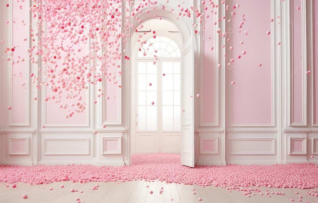 Hall branco estilo clássico moderno rosa e fundo de porta em arco de luxo com confete rosa caindo
