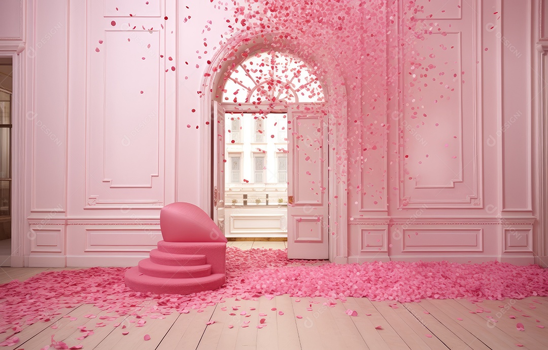 Hall branco estilo clássico moderno rosa e fundo de porta em arco de luxo com confete rosa caindo