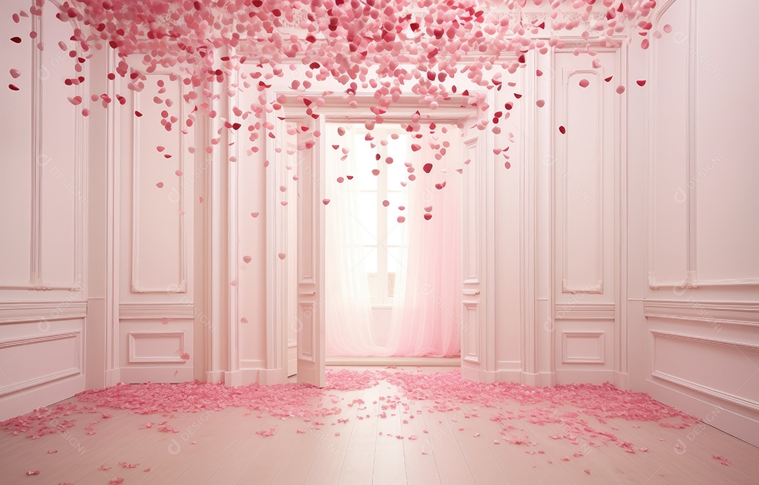 Hall branco estilo clássico moderno rosa e fundo de porta em arco de luxo com confete rosa caindo