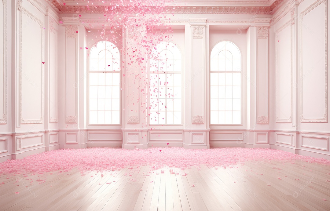 Hall branco estilo clássico moderno rosa e fundo de porta em arco de luxo com confete rosa caindo