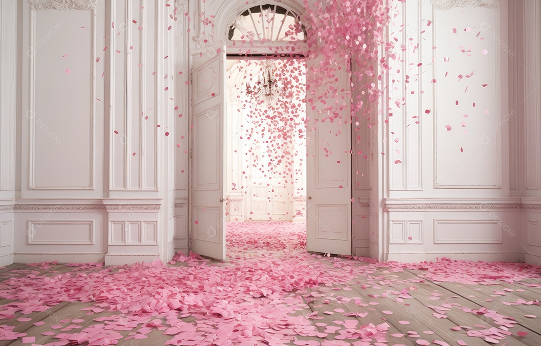 Hall branco estilo clássico moderno rosa e fundo de porta em arco de luxo com confete rosa caindo