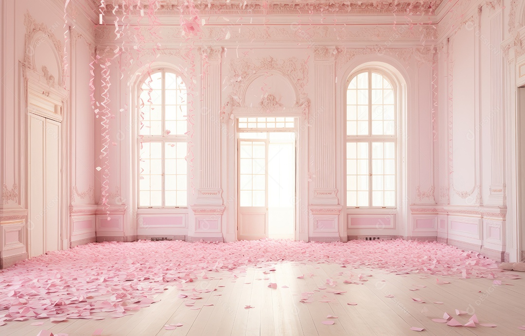 Hall branco estilo clássico moderno rosa e fundo de porta em arco de luxo com confete rosa caindo