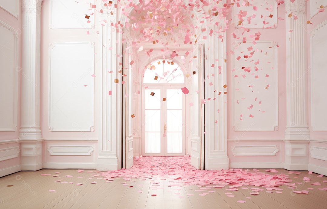 Hall branco estilo clássico moderno rosa e fundo de porta em arco de luxo com confete rosa caindo