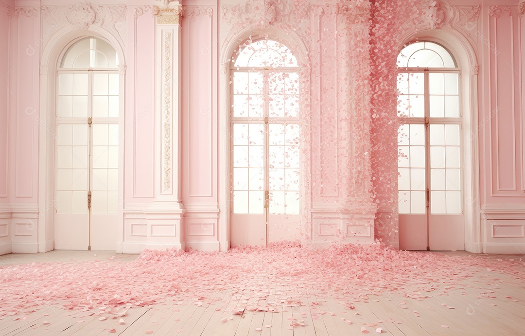 Hall branco estilo clássico moderno rosa e fundo de porta em arco de luxo com confete rosa caindo