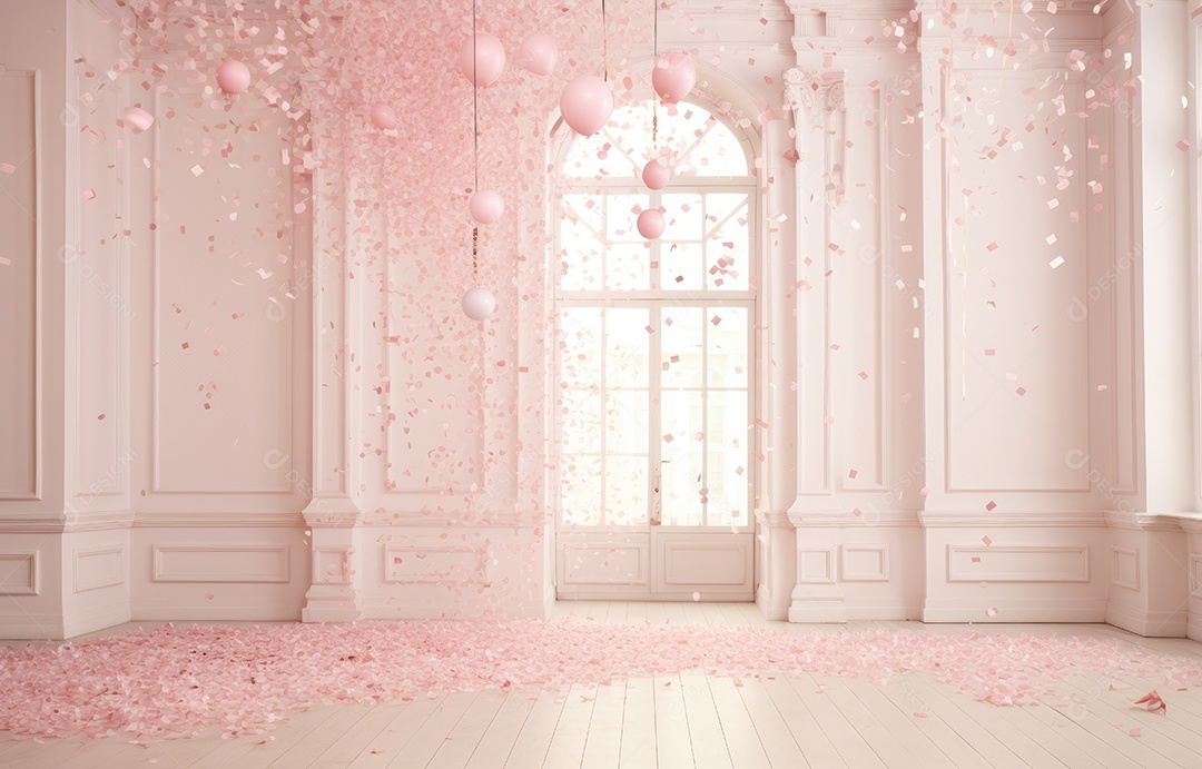 Hall branco estilo clássico moderno rosa e fundo de porta em arco de luxo com confete rosa caindo