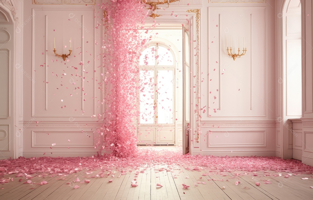 Hall branco estilo clássico moderno rosa e fundo de porta em arco de luxo com confete rosa caindo