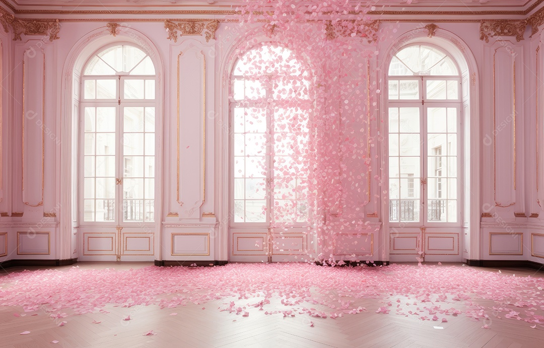 Hall branco estilo clássico moderno rosa e fundo de porta em arco de luxo com confete rosa caindo