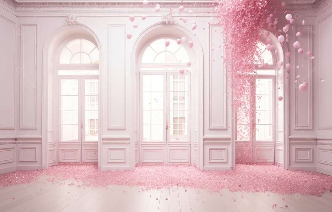 Hall branco estilo clássico moderno rosa e fundo de porta em arco de luxo com confete rosa caindo