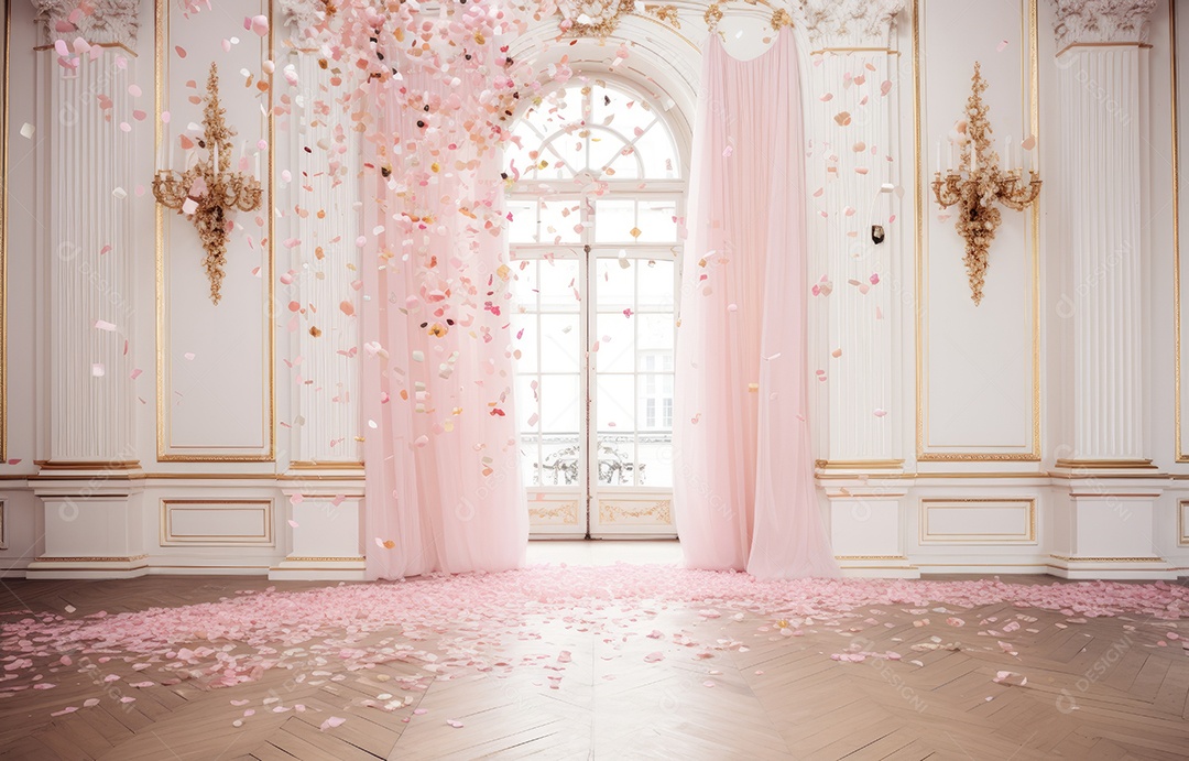 Hall branco estilo clássico moderno rosa e fundo de porta em arco de luxo com confete rosa caindo