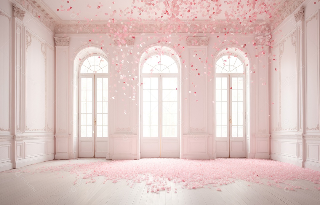 Hall branco estilo clássico moderno rosa e fundo de porta em arco de luxo com confete rosa caindo