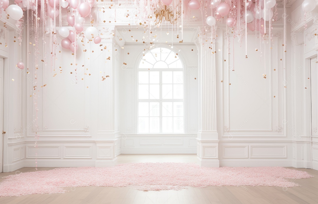 Hall branco estilo clássico moderno rosa e fundo de porta em arco de luxo com confete rosa caindo
