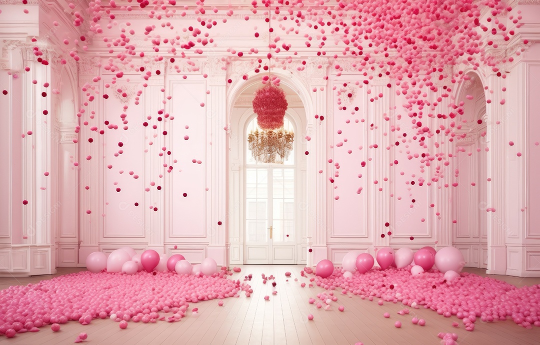 Hall branco estilo clássico moderno rosa e fundo de porta em arco de luxo com confete rosa caindo