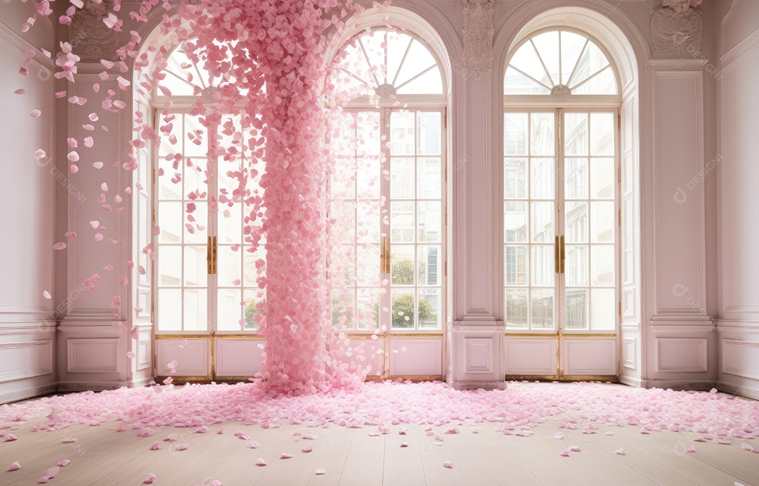 Hall branco estilo clássico moderno rosa e fundo de porta em arco de luxo com confete rosa caindo