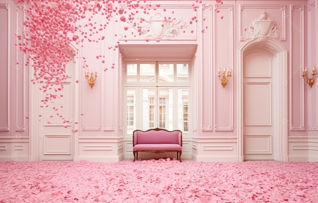 Hall branco estilo clássico moderno rosa e fundo de porta em arco de luxo com confete rosa caindo