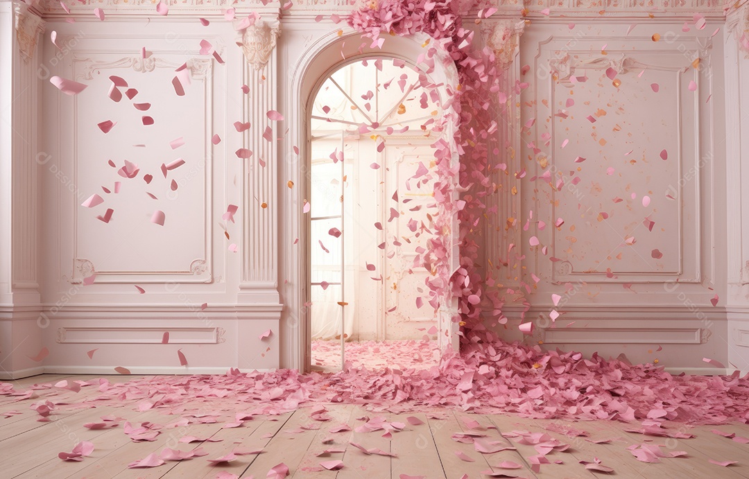 Hall branco estilo clássico moderno rosa e fundo de porta em arco de luxo com confete rosa caindo