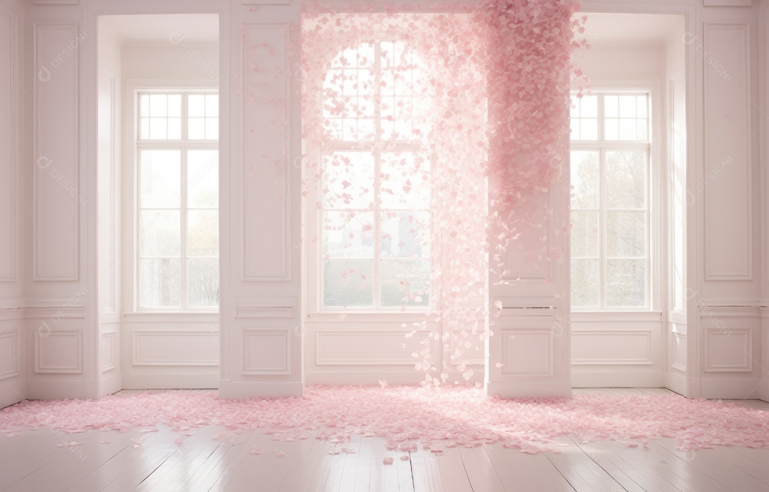 Hall branco estilo clássico moderno rosa e fundo de porta em arco de luxo com confete rosa caindo