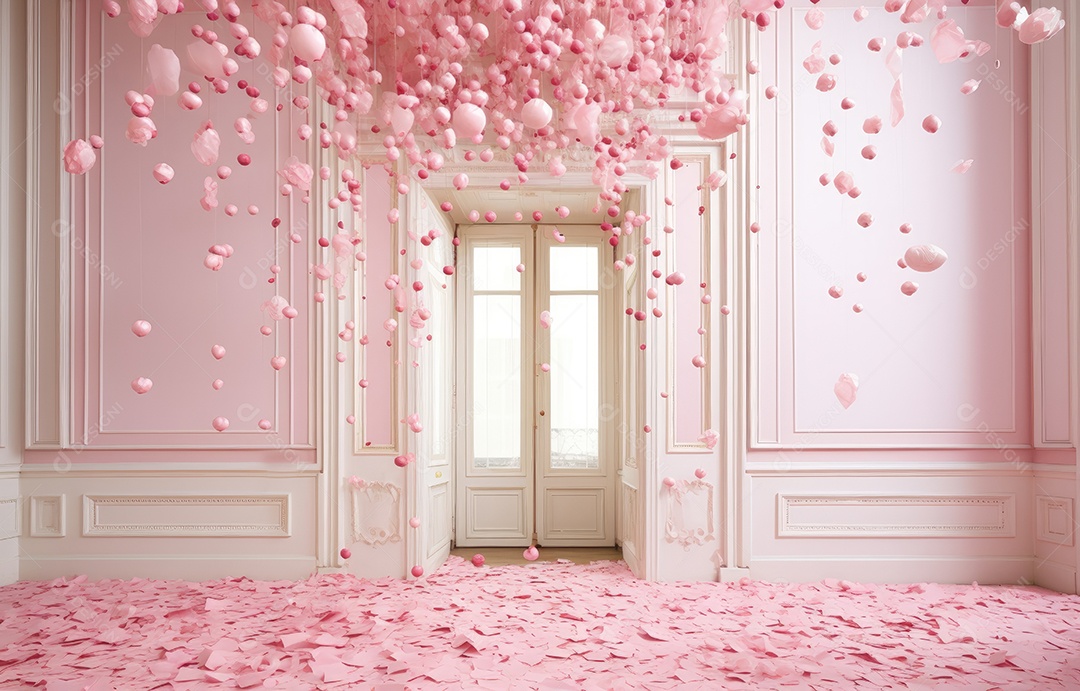 Hall branco estilo clássico moderno rosa e fundo de porta em arco de luxo com confete rosa caindo