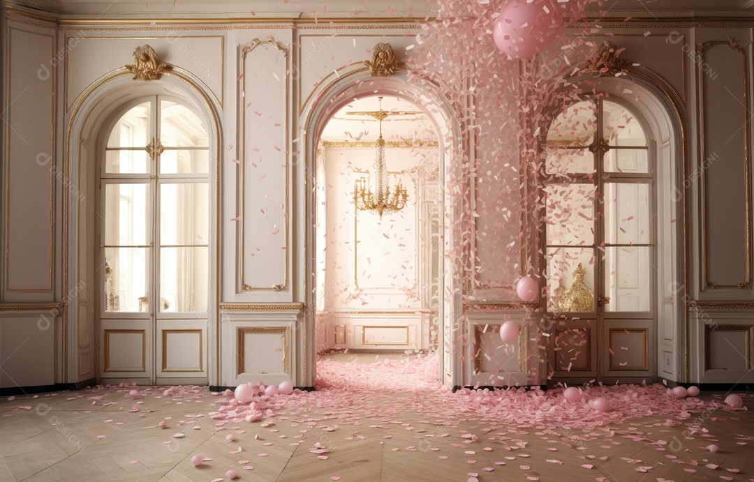 Hall branco estilo clássico moderno rosa e fundo de porta em arco de luxo com confete rosa caindo