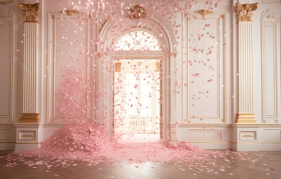 Hall branco estilo clássico moderno rosa e fundo de porta em arco de luxo com confete rosa caindo