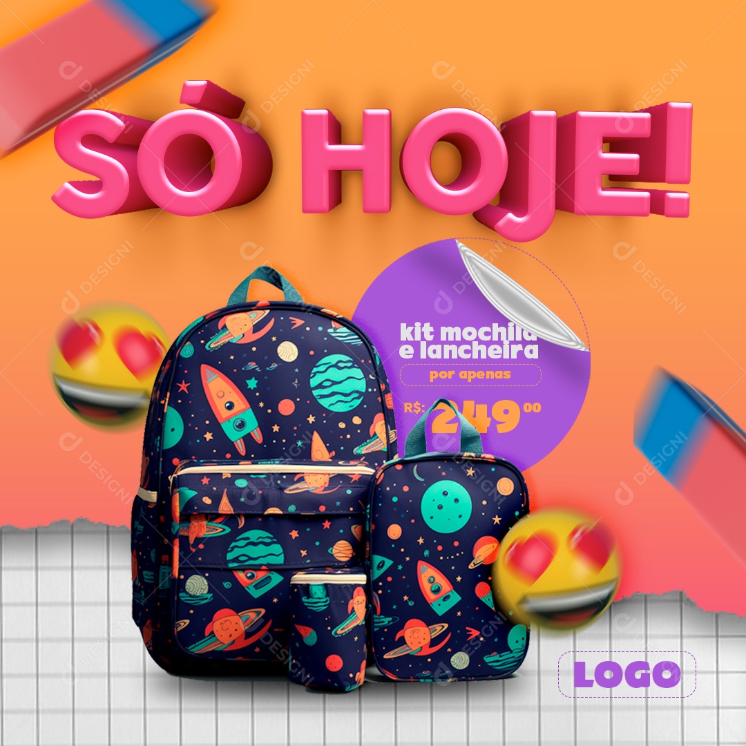 Só Hoje Kit Mochila e Lancheira por Apenas 249 Social Media PSD Editável