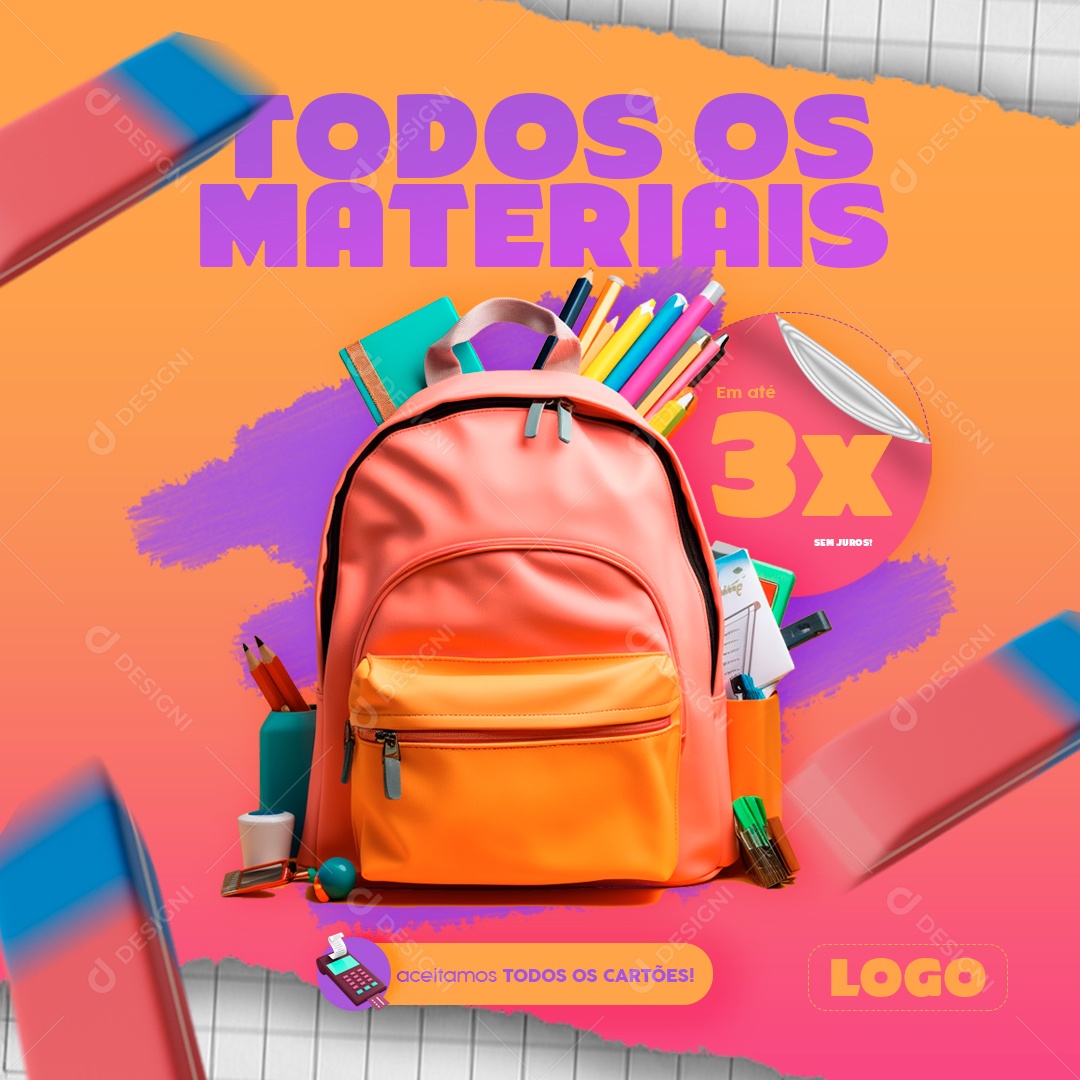 Todos os Materiais em Até 3X sem Juros Social Media PSD Editável