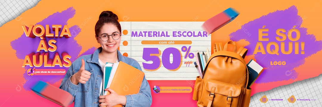 Carrossel Volta às Aulas Material Escolar é só Aqui Social Media PSD Editável