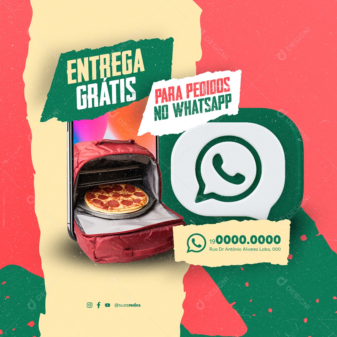 Pizzaria Entrega Grátis para Pedidos no Whatsapp Social Media PSD Editável