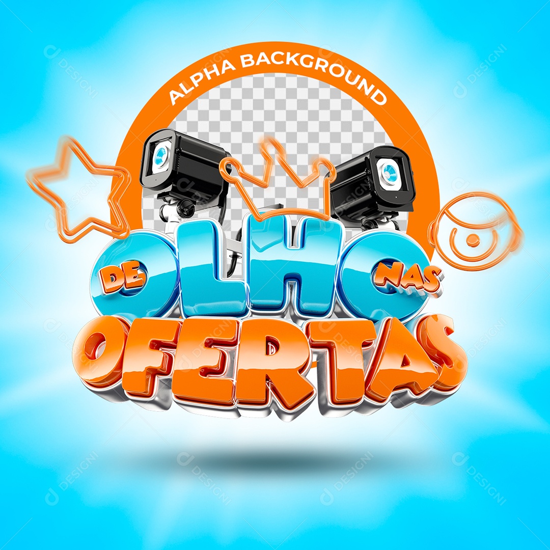 De Olho Nas Ofertas Selo 3D de BBB Azul e Laranja para Composição PSD