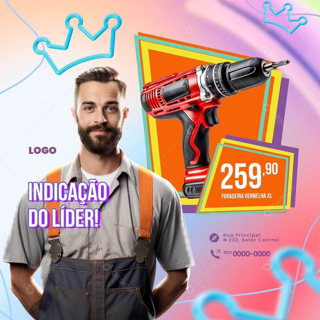 De Olho nas Ofertas Loja de Ferramentas Indicação Do Líder Furadeira Vermelha Social Media PSD Editável