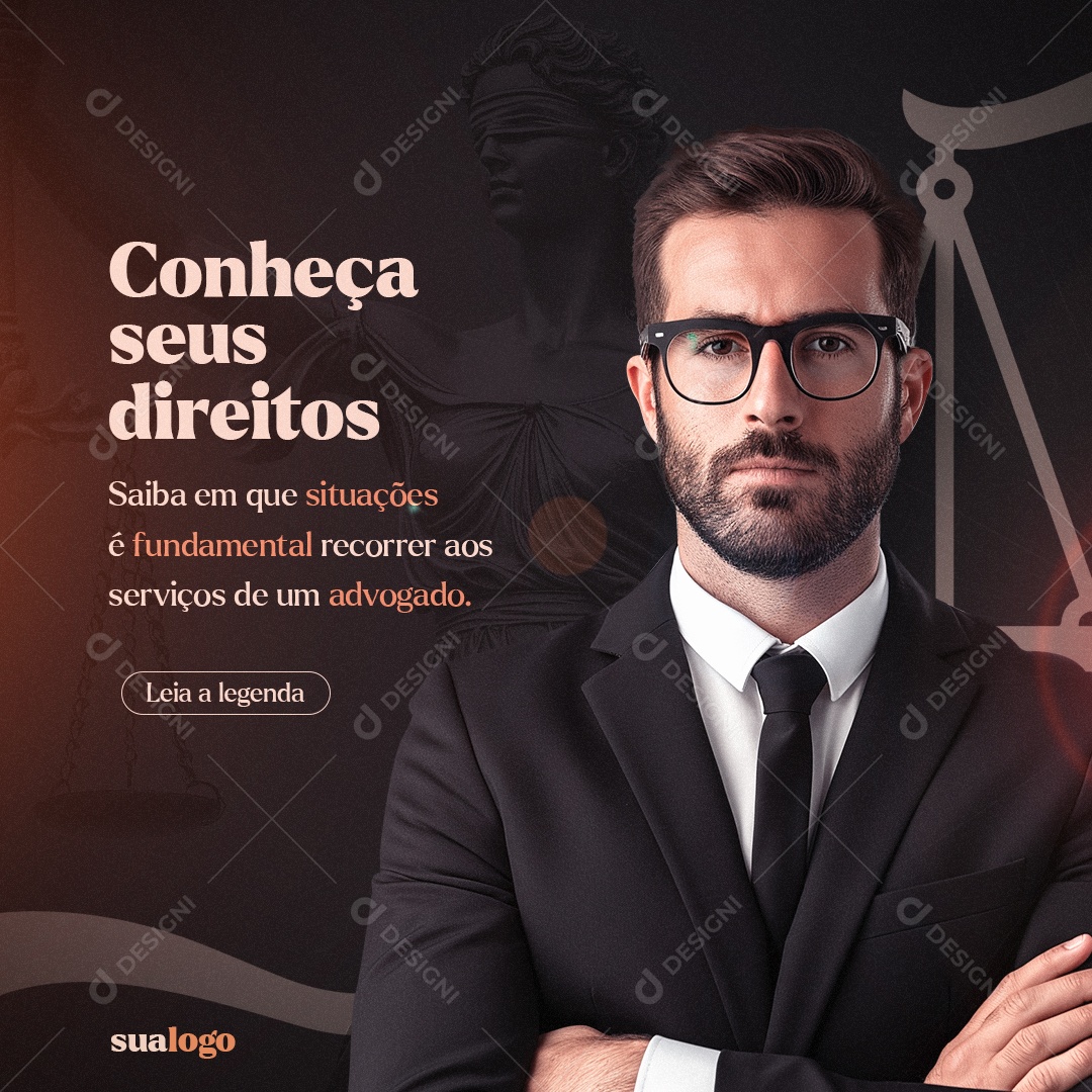 Advocacia Conheça seus direitos Saiba em que situações é fundamental Social Media PSD Editável