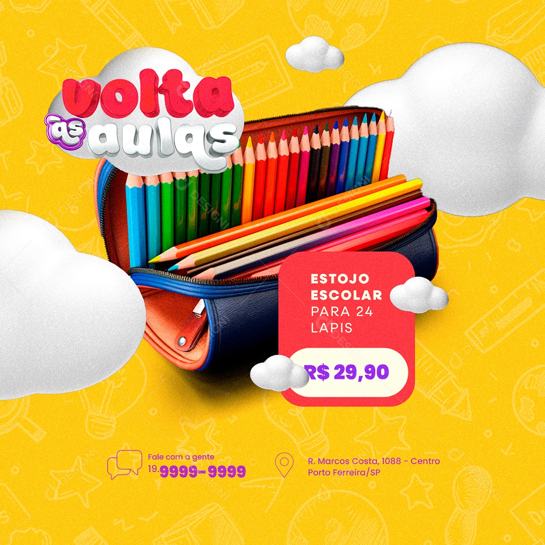 Volta às Aulas Papelaria Estojo Escolar para 24 Lápis Social Media PSD Editável