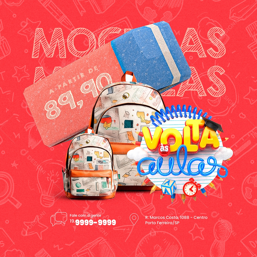 Volta às Aulas Papelaria Mochilas Social Media PSD Editável