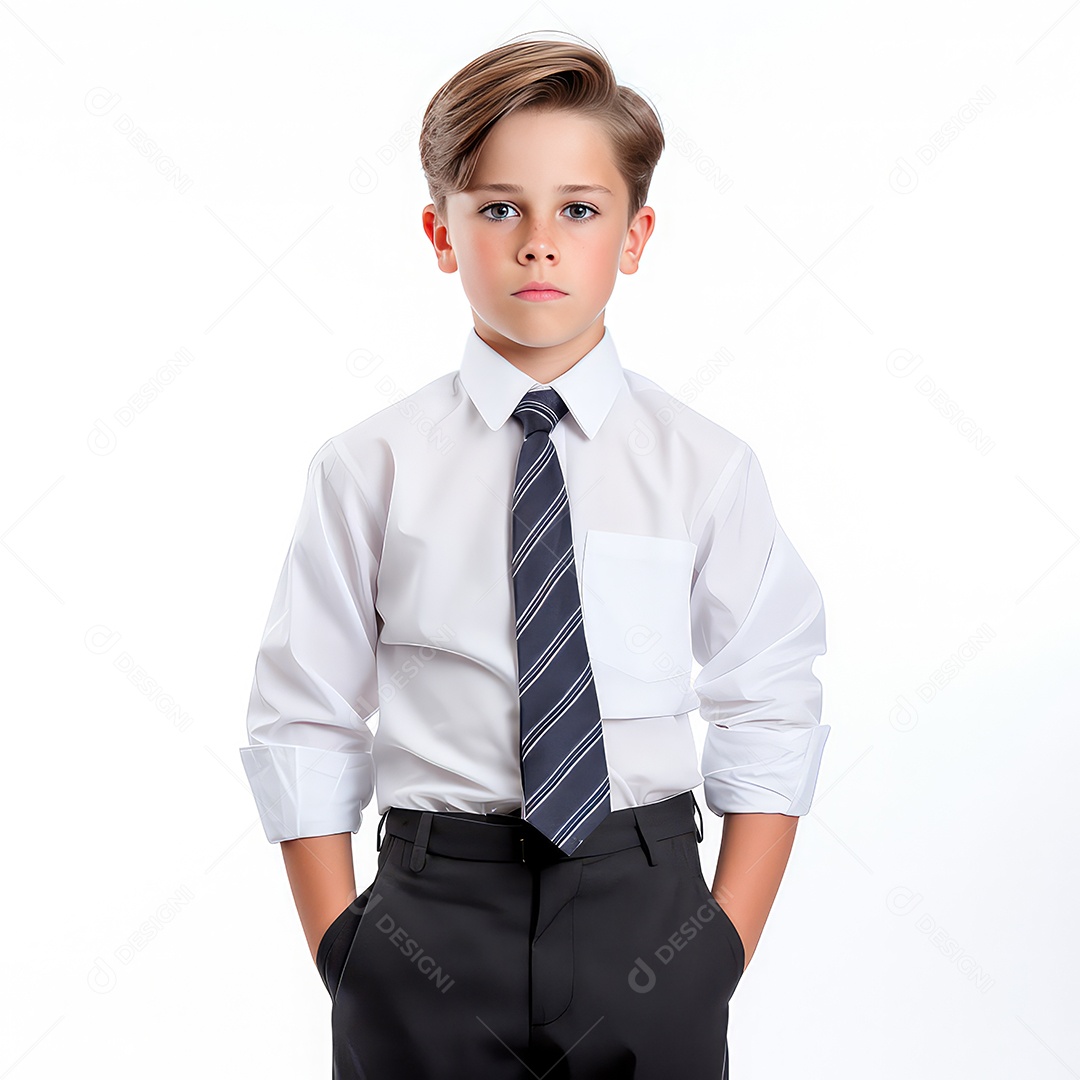 Retrato de um menino com camisa escolar e gravata isolado no fundo branco