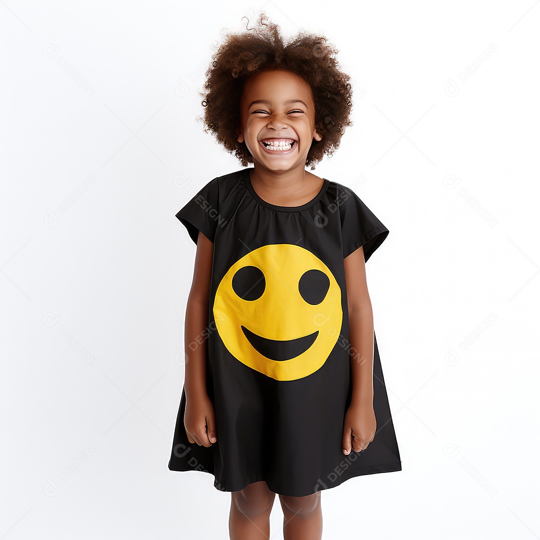 Uma garotinha afro americana sorridente em um vestido preto