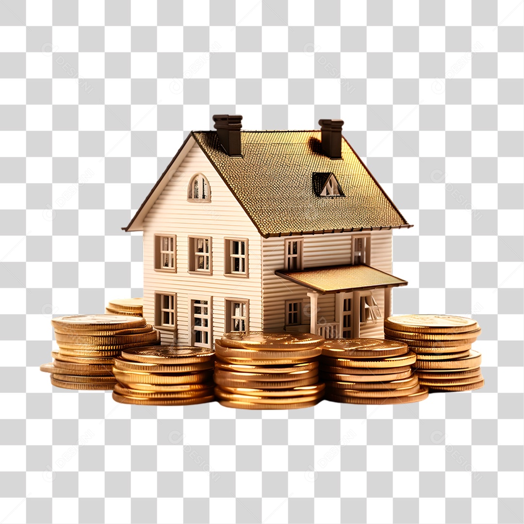 Moedas empilhadas em Frente uma Casa PNG Transparente