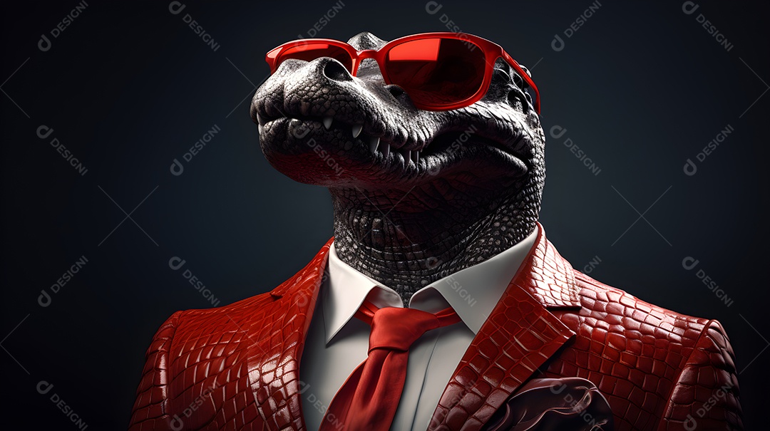 Imagem de um jacaré usando óculos de sol e um terno em um cenário que sugere um ambiente formal ou de negócios