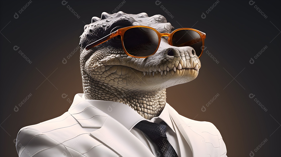 Imagem de um jacaré usando óculos de sol e um terno em um cenário que sugere um ambiente formal ou de negócios