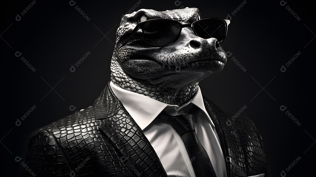 Imagem de um jacaré usando óculos de sol e um terno em um cenário que sugere um ambiente formal ou de negócios