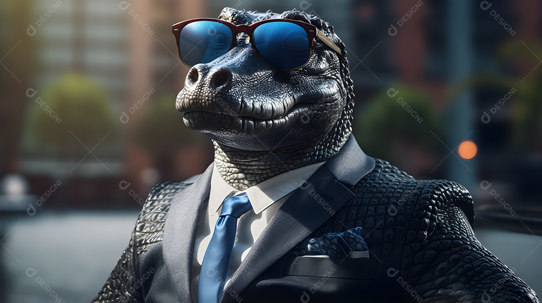 Imagem de um jacaré usando óculos de sol e um terno em um cenário que sugere um ambiente formal ou de negócios
