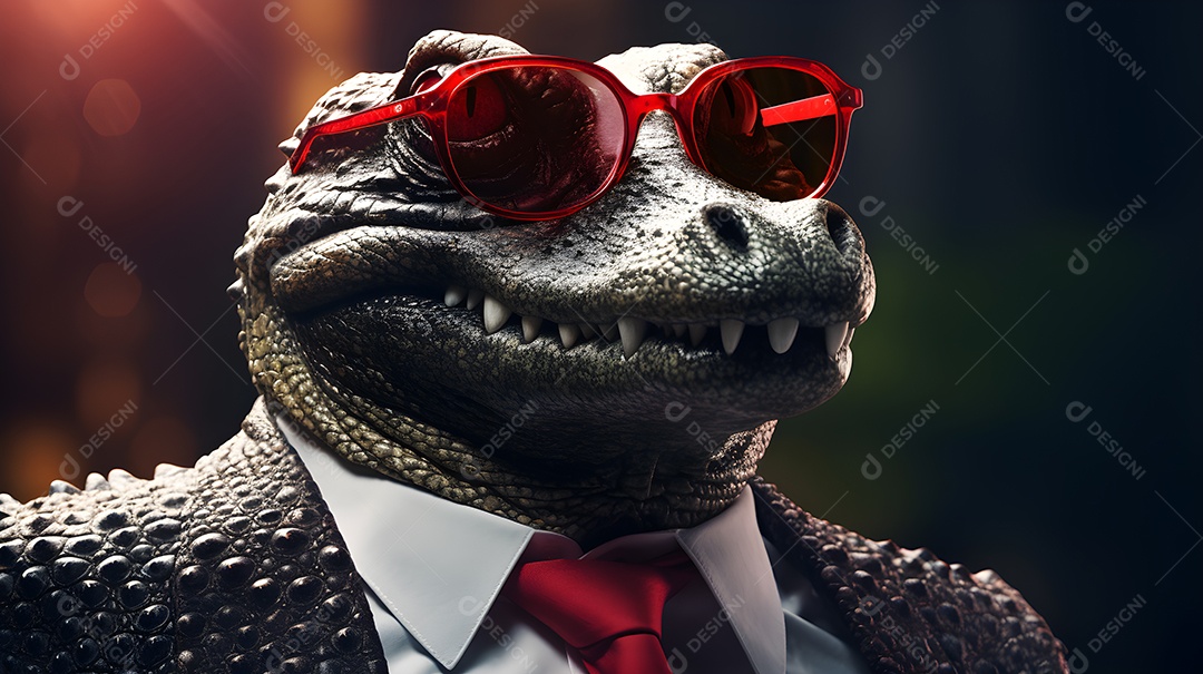Imagem de um jacaré usando óculos de sol e um terno em um cenário que sugere um ambiente formal ou de negócios