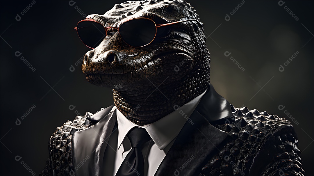 Imagem de um jacaré usando óculos de sol e um terno em um cenário que sugere um ambiente formal ou de negócios