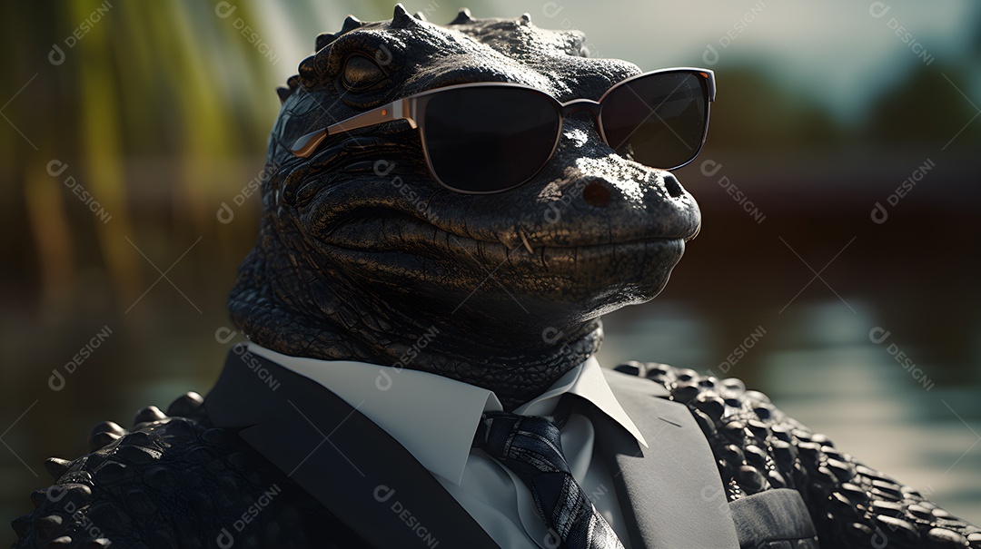 Imagem de um jacaré usando óculos de sol e um terno em um cenário que sugere um ambiente formal ou de negócios