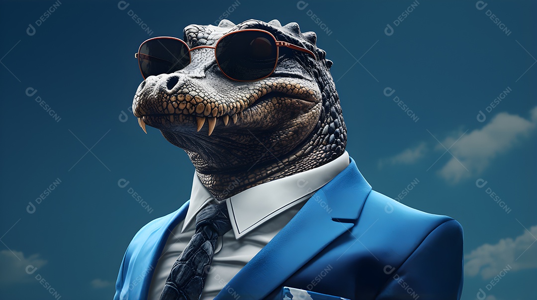 Imagem de um jacaré usando óculos de sol e um terno em um cenário que sugere um ambiente formal ou de negócios