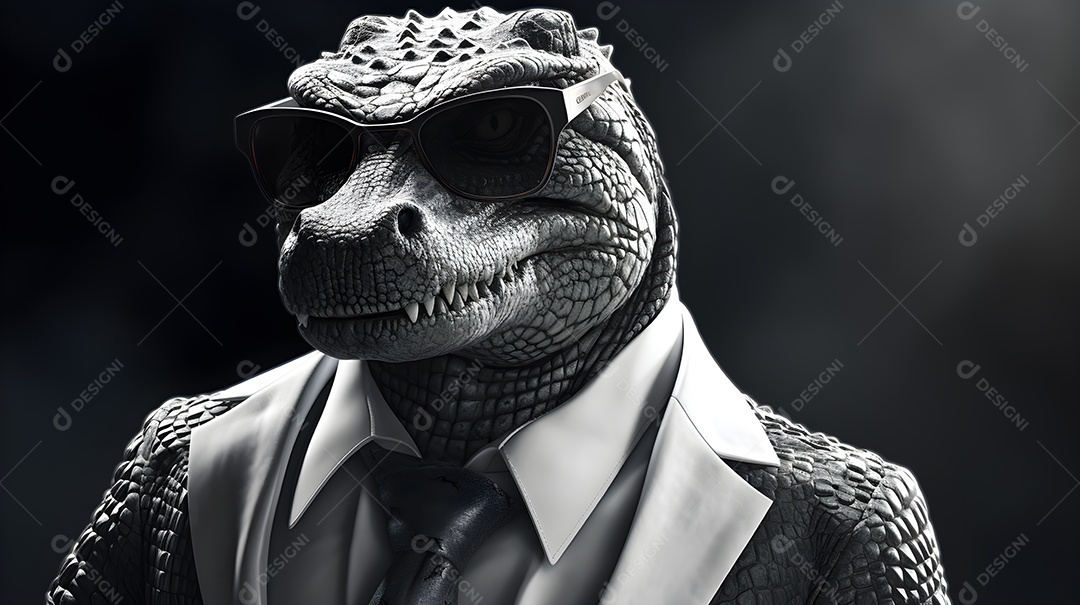 Imagem de um jacaré usando óculos de sol e um terno em um cenário que sugere um ambiente formal ou de negócios