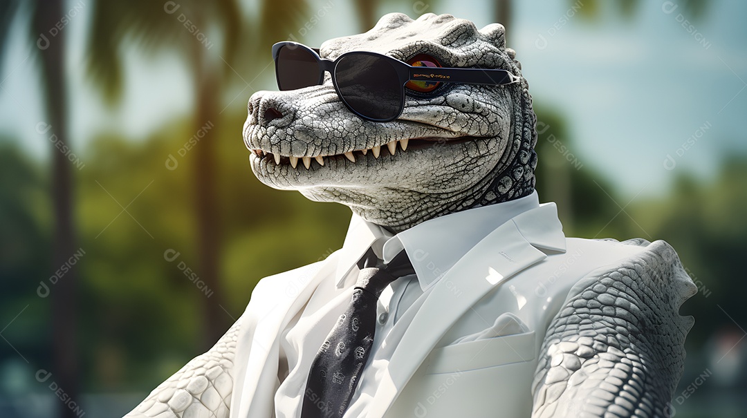 Imagem de um jacaré usando óculos de sol e um terno em um cenário que sugere um ambiente formal ou de negócios