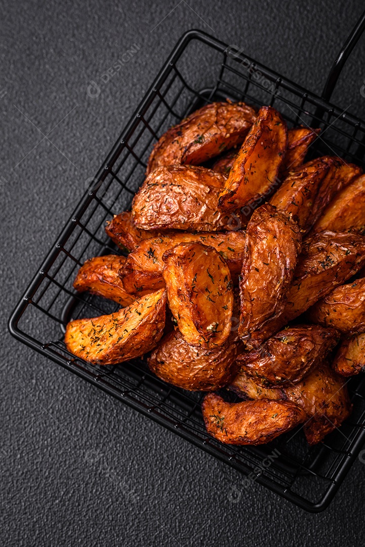 Deliciosas fatias de batata crocante com alho, sal, especiarias e ervas sobre um fundo escuro de concreto