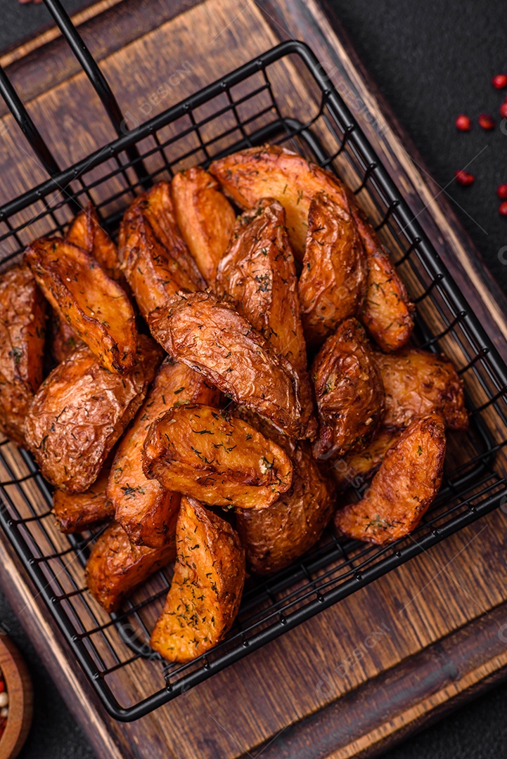 Deliciosas fatias de batata crocante com alho, sal, especiarias e ervas sobre um fundo escuro de concreto