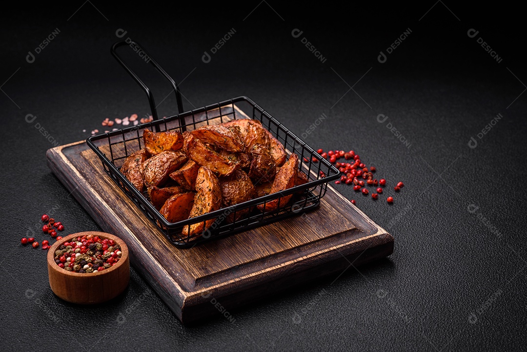 Deliciosas fatias de batata crocante com alho, sal, especiarias e ervas sobre um fundo escuro de concreto