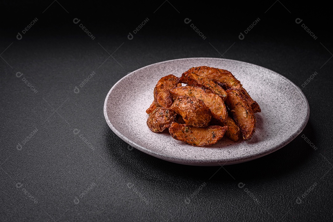 Deliciosas fatias de batata crocante com alho, sal, especiarias e ervas sobre um fundo escuro de concreto